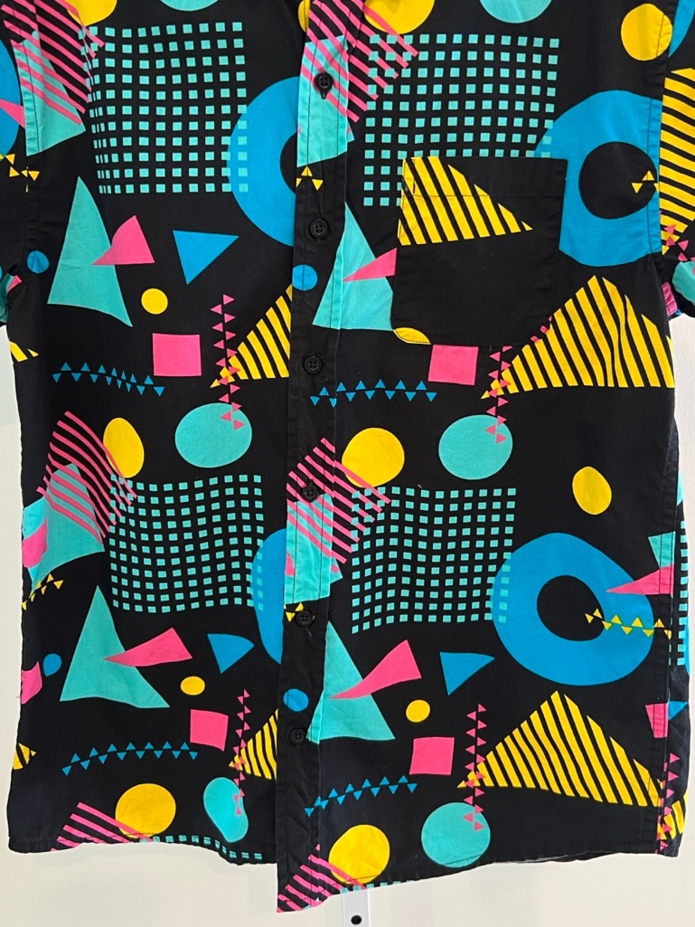 80s Print Geometric Black Yellow Blue Rad SS Button Down Shirt Mens Sz Medium - Picture 4 of 11